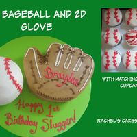 Ball And Glove 3D ball pan, and hand carved 2D glove. All is buttercream. Matching cupcakes