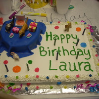 Cat Cake my daughter designed this. small table is a sm round cake with fondant tablecloth