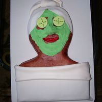 Spa Retreat Yellow cake covered in BC with fondant cucumbers, head towel, lips, and blanket
