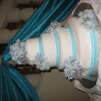 Blue With Fresh Hydrangas. Fondant with blue trim and fresh blue hydrangas. I added some rhinestone to the floral psc on each layers.