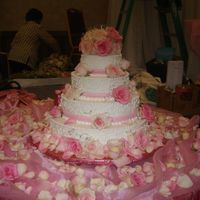 Pink Roses & Plus. Pink roses with scrolls on the sides of the cake. Added Extra pink roses w/ petals around the botton of the cake. Butter cream frosting w/...