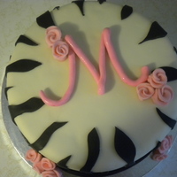 Monogram Zebra Cake 8inch round, zebra print with pink "M" and my first attempt at duff roses...all mmf