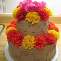 Fall Shower Cake cake is all chocolate with chocolate bc icing. Flowers are silk, wedding colors were fall colors with pink accents.