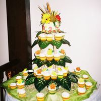 Tropical Cup Cake Tree 75 cupcakes with a 6 inch cake on top.