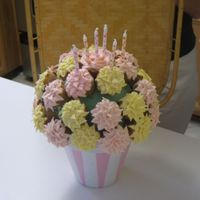 Flower Pot Cake Flowers made with mini cupcakes frosted with buttercream to look like flowers.