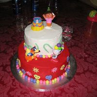 Dora Birthday Cake Daughters 2nd birthday cake. She loves Dora. Two tiered, fondant flowers and hearts with dragess. Fondant balls, bc icing on both tiers....