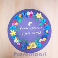 Purple Wedding Cake With Flowers The bride and groom wanted a single layer cake, because they had to cut it on a boat.Flowers made of fondant, cake is covered with marzipan...