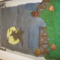 The Witch Flew Over The Moon buttercream cake with fondant witch and moon. Order by a woman for her halloween birthday
