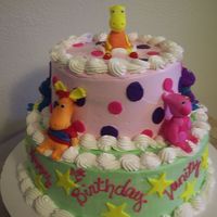 Backyardigans Cake Here is the finished cake with the fondant figurines. Whipped frosting with fondant accepts. Totally fun to make.