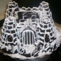 Castle In Blizzard Using the Castle Bundt Pan. Chocolate cake. Used cookie writer for outlining the bricks. Then covered with snowflake sprinkles (hard to see...