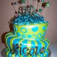 Topsy Turvy Neon blue & green covered fondant w/ gumpaste accents.Silver pearl airbrushed.For 13 year old birthday.