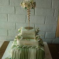 Green And Gold Wedding cake in two shades of green and gold. It was covered in fondant. The flowers are gumpaste. The gold separator is a candle stand I...