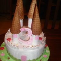 Pink Castle Cake is covered in fondant. The castle turrents are pastillage and the cones are ice cream cones. The number 3 is pastillage with some...