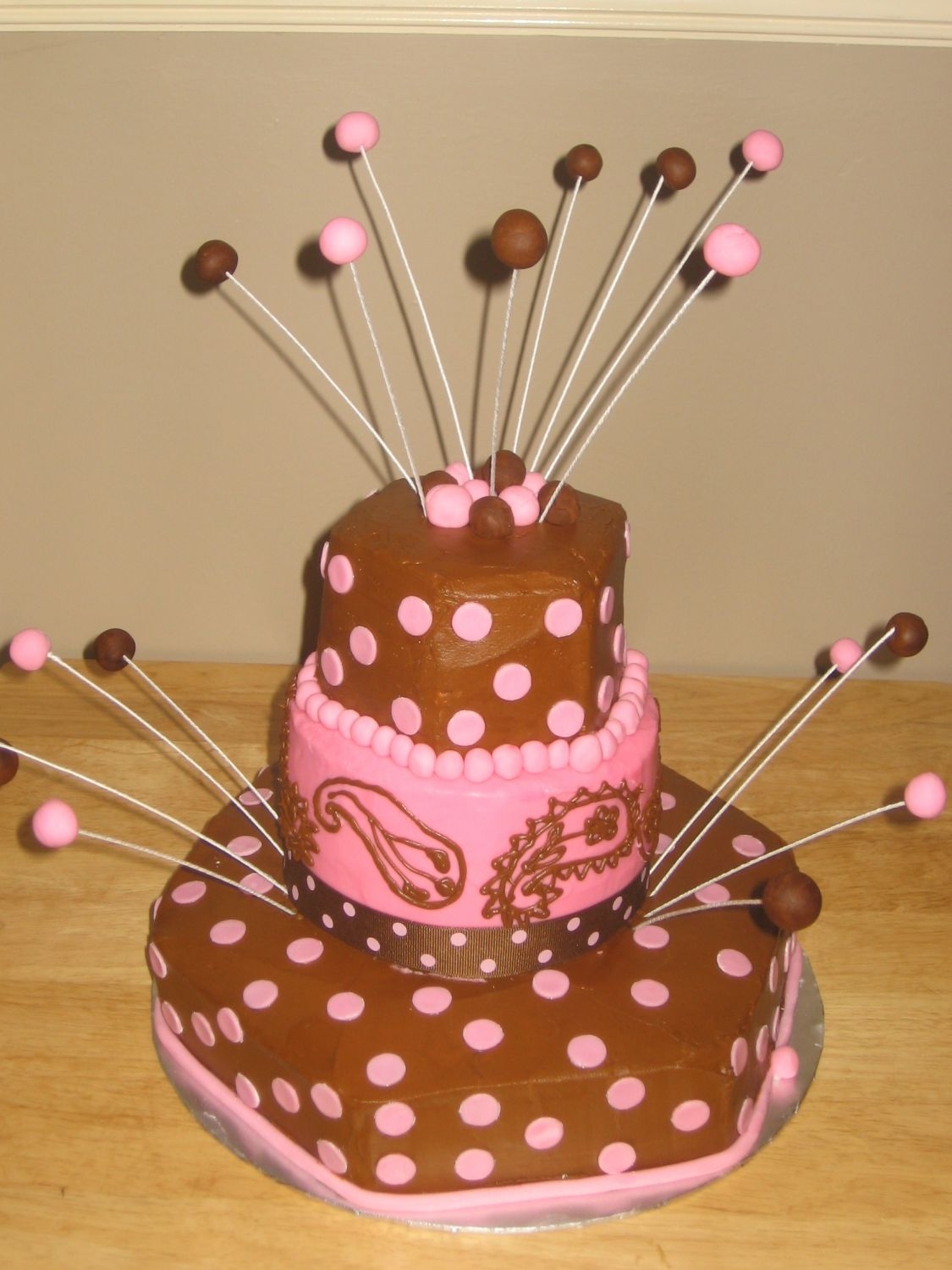 Pink/brown Baby Shower This is a 10" yellow cake, 6" chocolate cake, and 4" strawberry cake with cream cheese icing/filling and MMF decorations...