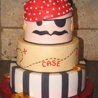 Pirate Stacked This are 6, 8 and 10" roundX3 cakes with a 1/2 sports ball pan on top of the 6". Iced in buttercream with fondant accents.
