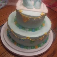 Baby_Shower_Cake.jpg I did this for a co-worker's baby shower. White almond sour cream cake with buttercream. Fondant booties (first time trying this) and...
