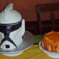 Storm Trooper Helmet For my son's birthday. "Helmet" is vanilla cake, fondant and RCT accents. Round cake is covered in BCF with chocolate flames...