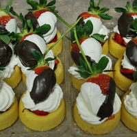 Strawberry Shortcakes These are mini strawberry shortcakes. They are sponge with nutella on the bottom then whipped cream then dipped strawberries