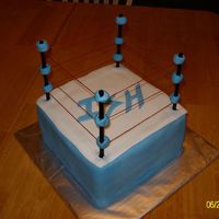 Wrestling Ring This is a white cake covered in fondant. The posts are wooden dowel rods "painted" with black tint paste. The ropes are thread....