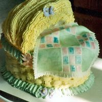 Pastel Baby Cradle Cake I made a two layer 8' oval cake stacked and frosted as normal then added a half of a bowl cake trimmed to fit on top. I scured top in...