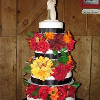 Dsc02845_00.jpg Two of the layers on this cake are white cake, and the other two are rice crispie treats. It's covered in white fondant, black silk...