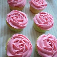 Rose Cupcakes First attempt at the rose cupcakes for cupcake boquets. Swiss meringue buttercream with strawberry preserves mixed in.