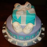 Baby Shower Fondant Cake Customer wanted baby shower cake with Tiffany blue and lavender theme. Booties and bottom decorations made from white chocolate.
