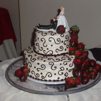 Chocolate Swirls carrot cake, cream cheese icing, chocolate ganache swirls and dots, chocolate covered strawberries