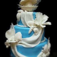 By The Sea Dummy cake..wanted to try my hand at a beach theme cake. Hibiscus, shells, etc., gumpaste; coral is royal icing.