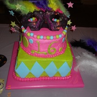 16Th Birthday, Masquerade Theme Vanilla cake with buttercream icing; fondant accents. The mask was supplied by the customer