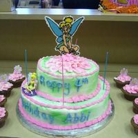 Tinkerbell Cake 2 layer cake, buttercream icing. Tinkerbell is a chocolate transfer. Sparkler candles . . . and lots of colored sugar crystals sprinkled...