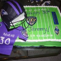 Ravens Cake 1/3 chocolate, 1/3 vanilla, 1/3 marble cake. Ravens football helmet, jersey, and Ravens field. This was fun to make - I had wanted to do...