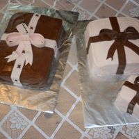 Brown Peach Gifts Covered in fondant w/ fondant bows.