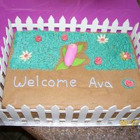 Girl Baby Shower Garden theme baby shower. One layer was white cake and the second layer was chocolate. BC frosting and grass. The flowers are tootsie rolls...