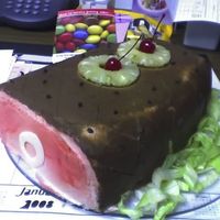 Jamie's Cake A cake for a co-worker. Her mother cannot ever remember that she hates ham and serves it often, so this was done as a gag. White cake, BC,...