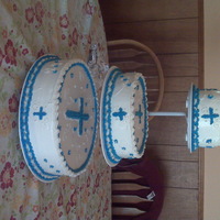 Baptism White cake, with strawberry cream cheese filing (saw the recepie on CC), italian buttercream, and crisco buttercream. Made for a baptism!