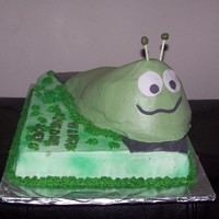 Slug Cake Sheet cake with carved slug on top. Slug done from a drawing provided by the customer. Used piping gel to create slime trail behind slug.