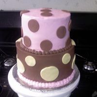 Polka Dot Cake Bottom is Marble Cake with Chocolate Buttercream icing.Top is vanilla cake with buttercream icing with polka dot fondant accents.Cake was...