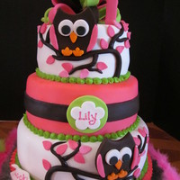 Lily's Whooos 1 This cake was done to match the decor of the party. All fondant. I hand cut and assembled the owls. I LOVE this cake.!!!!