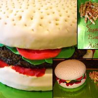 Cheeseburger Cake 3-10" peanut butter flavored cake. Covered in Fondant and the fries are sugar cookies.