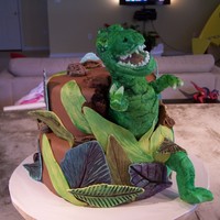 Dinosaur Cake Dinosaur exiting from side of cake. Chocolate cake with chocolate frosting and covered in chocolate, marshmellow fondant. The dino is made...