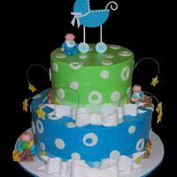 Oh Boy! 2 tiered baby shower cake (8" chocolate cake on 12" vanilla cake) iced in BC. MMF accents. Fondant carriage and babies. This was...