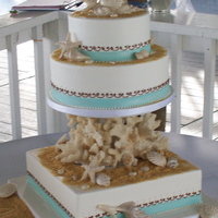 Coral Cake Buttercream cake with fondant bands and chocolate shells, custom cake divider