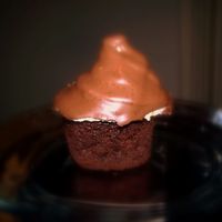 Chocolate High Hat chocolate cupcake, with "childhood" frosting, filled with hazelnut cream and dipped into chocolate...YIPPEE!!! (a cut view will...