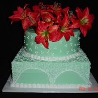 Green Cornelli Lace Cake Dummy with corneli lace and dots with artificial flowers. Not real happy that my "arches" aren't consistent, but this...