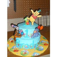 Pooh Bear 1St Birthday This is the 1st birthday cake I made for my nephew. Fabric ribbon and colorflow characters. Thanks for looking!