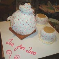Tea Pot Vanilla pound cake with crusting bc, baked in sports ball pan and tea cups in mini wondermold pan. Handles and saucers are sugar cookies...