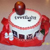 Twilight2 Another Twilight cake. Marble 8" round. . Chess pieces were fondant. Apple, ribbon & flower from the craft store. Freehanded the...