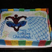 Spiderman Spiderman cake for my 5 year old's B-day. Frozen buttercream transfer spiderman, fondant buildings.