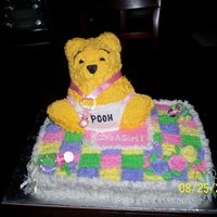 Baby Pooh My first baby shower cake! Done in bc icing, the pacifiers, diaper pins & baby bottles are store bought items.